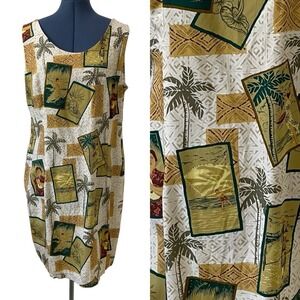 VTG Reyn Spooner Womens Sleeveless Hawaiian Postcard Palm Tree Shift Dress XL‎